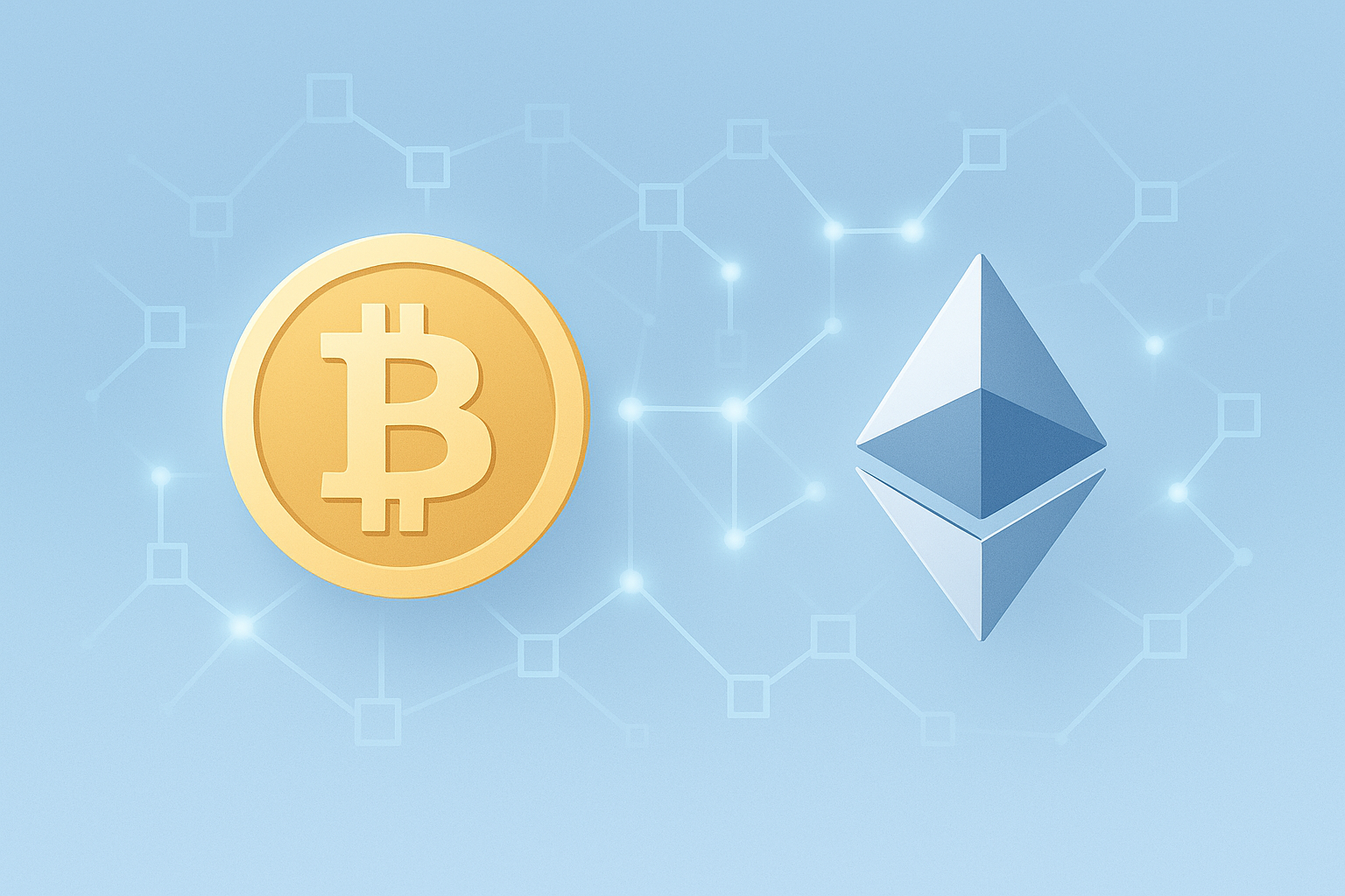 仮想通貨の基礎を象徴するビットコインとイーサリアムのアイコンとブロックチェーンのイメージ