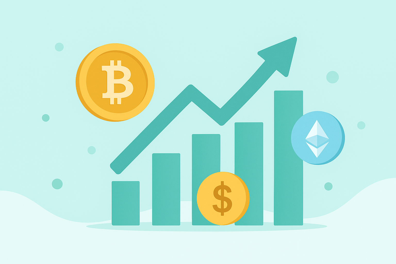 仮想通貨投資と運用の実践方法を表すグラフとコインのイメージ