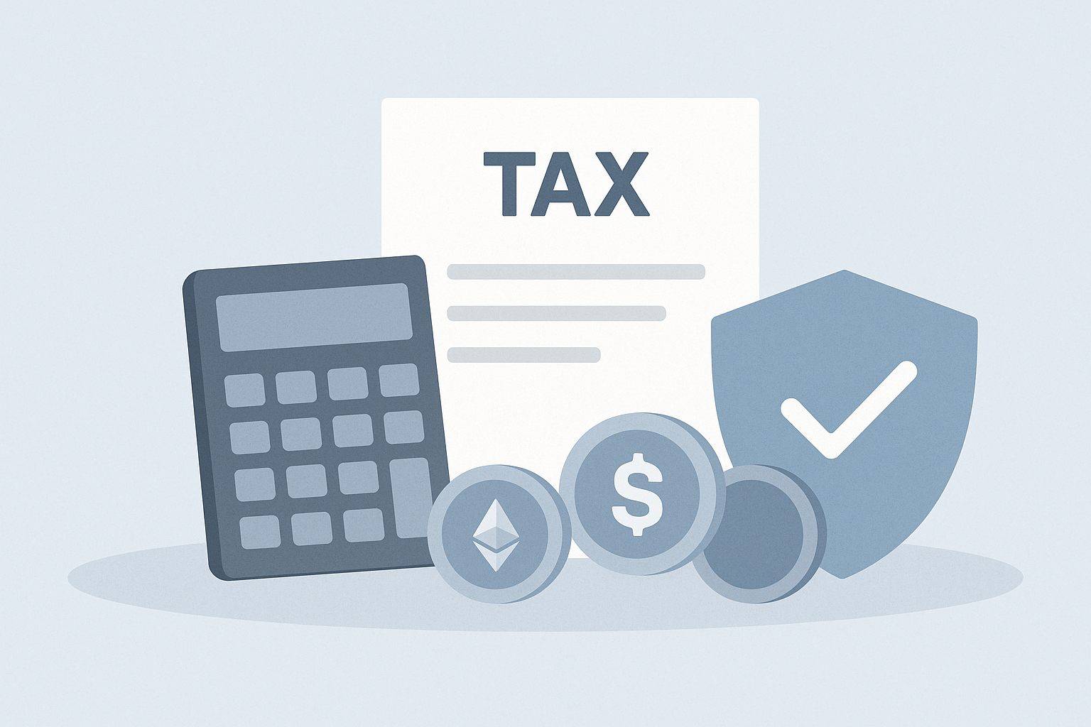 仮想通貨の税金とリスク管理を象徴する電卓と盾のイメージ