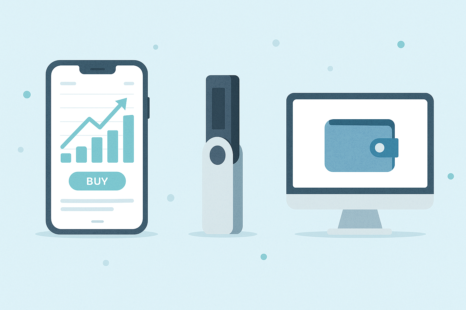 仮想通貨取引所とウォレット比較をイメージしたスマホアプリとウォレットのイラスト