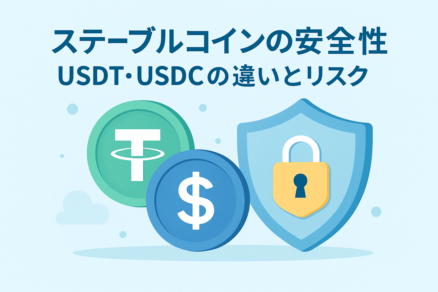 ステーブルコインの安全性を示すアイキャッチ画像。USDTとUSDCのコインアイコン、セキュリティを象徴する盾と鍵を配置したデザイン。