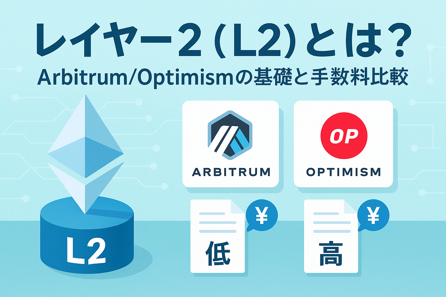 レイヤー2（L2）の仕組みとArbitrum・Optimismの比較を説明するアイキャッチ画像。イーサリアムロゴと手数料の違いを示す図解入り。
