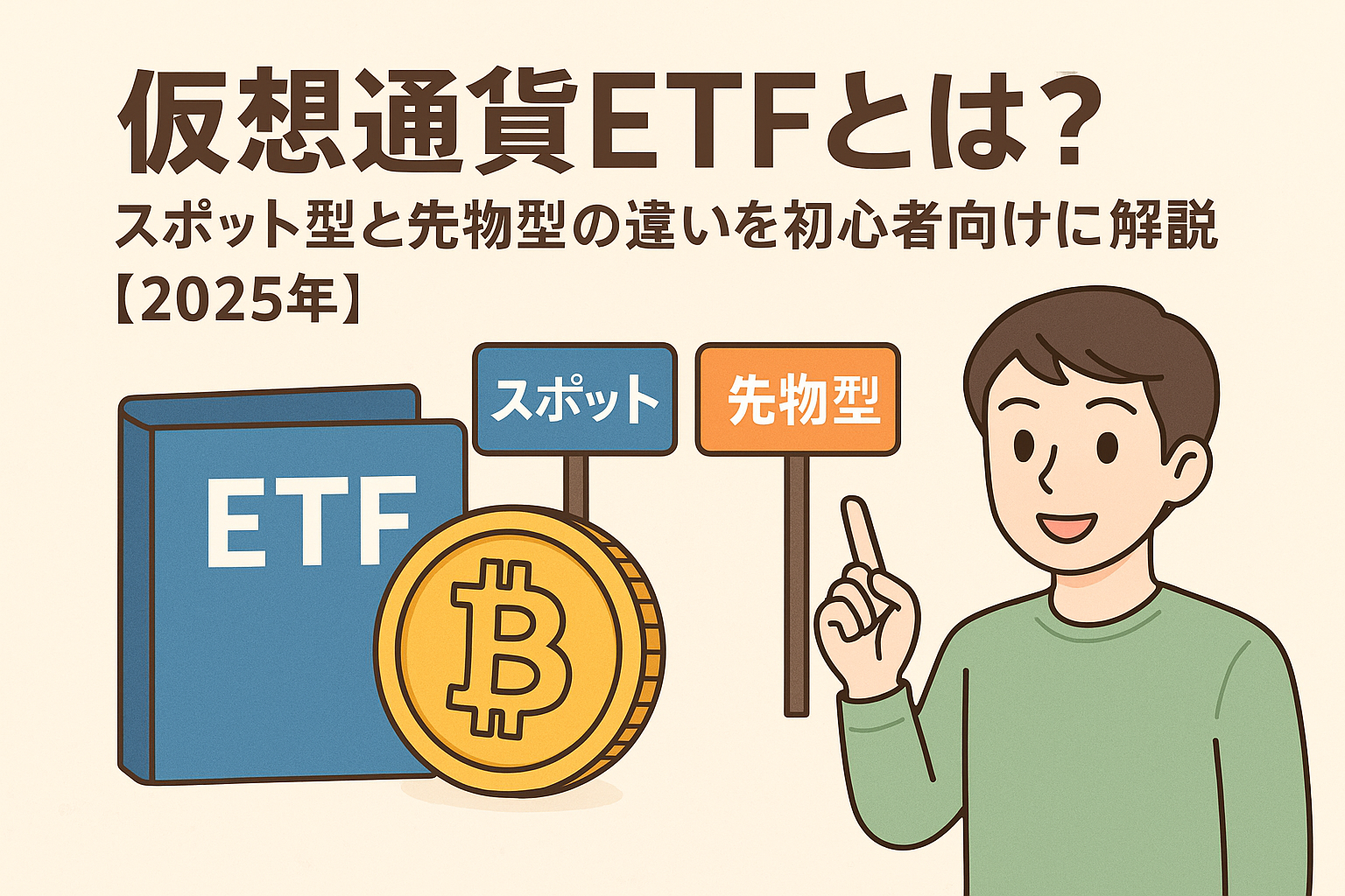 仮想通貨ETFの基礎を解説する記事用アイキャッチ画像。スポット型と先物型の違いを初心者向けに紹介。