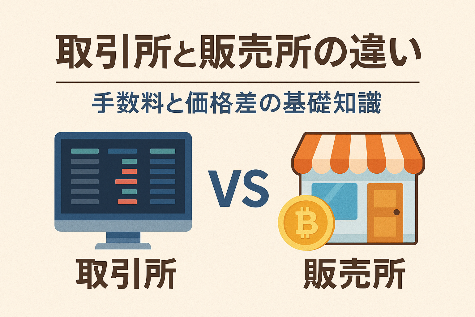 取引所と販売所の違いを説明するアイキャッチ画像。手数料と価格差の基礎知識をわかりやすく示した比較デザイン。