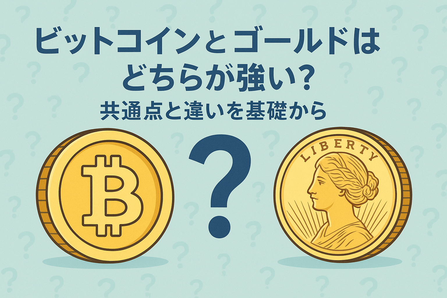 ビットコインとゴールドを比較するイラスト。中央に「どちらが強い？共通点と違いを基礎から」と書かれた日本語タイトル。