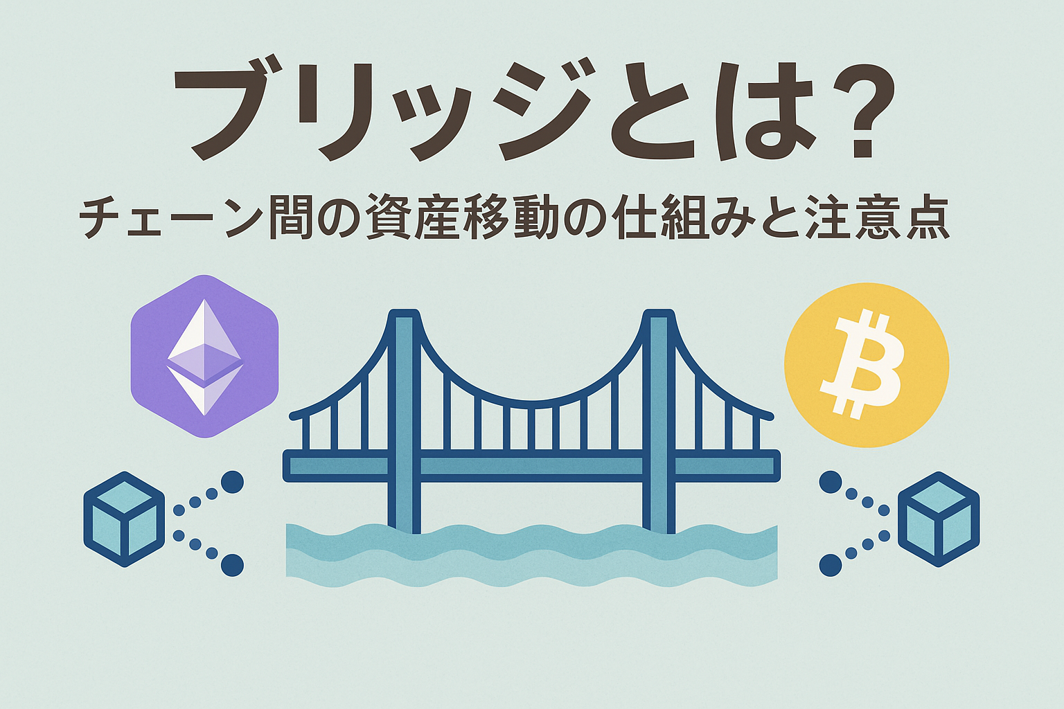 ブリッジの仕組みをイメージしたアイキャッチ画像。ブロックチェーン間の資産移動を橋で表現し、ビットコインとイーサリアムのアイコンを配置。