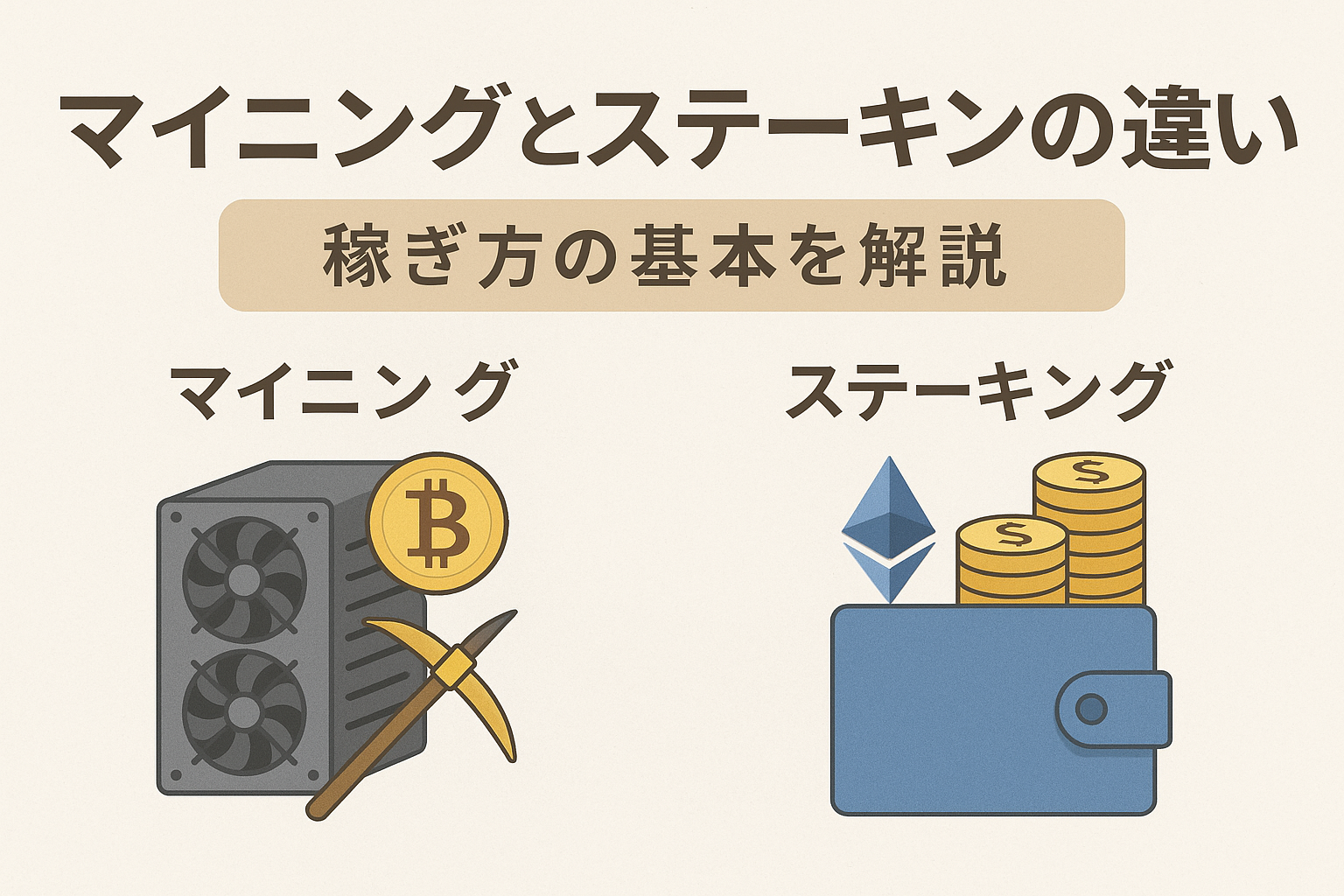 マイニングとステーキングの違いを比較したアイキャッチ画像。マイニングは採掘機とビットコイン、ステーキングはウォレットとイーサリアムで表現。