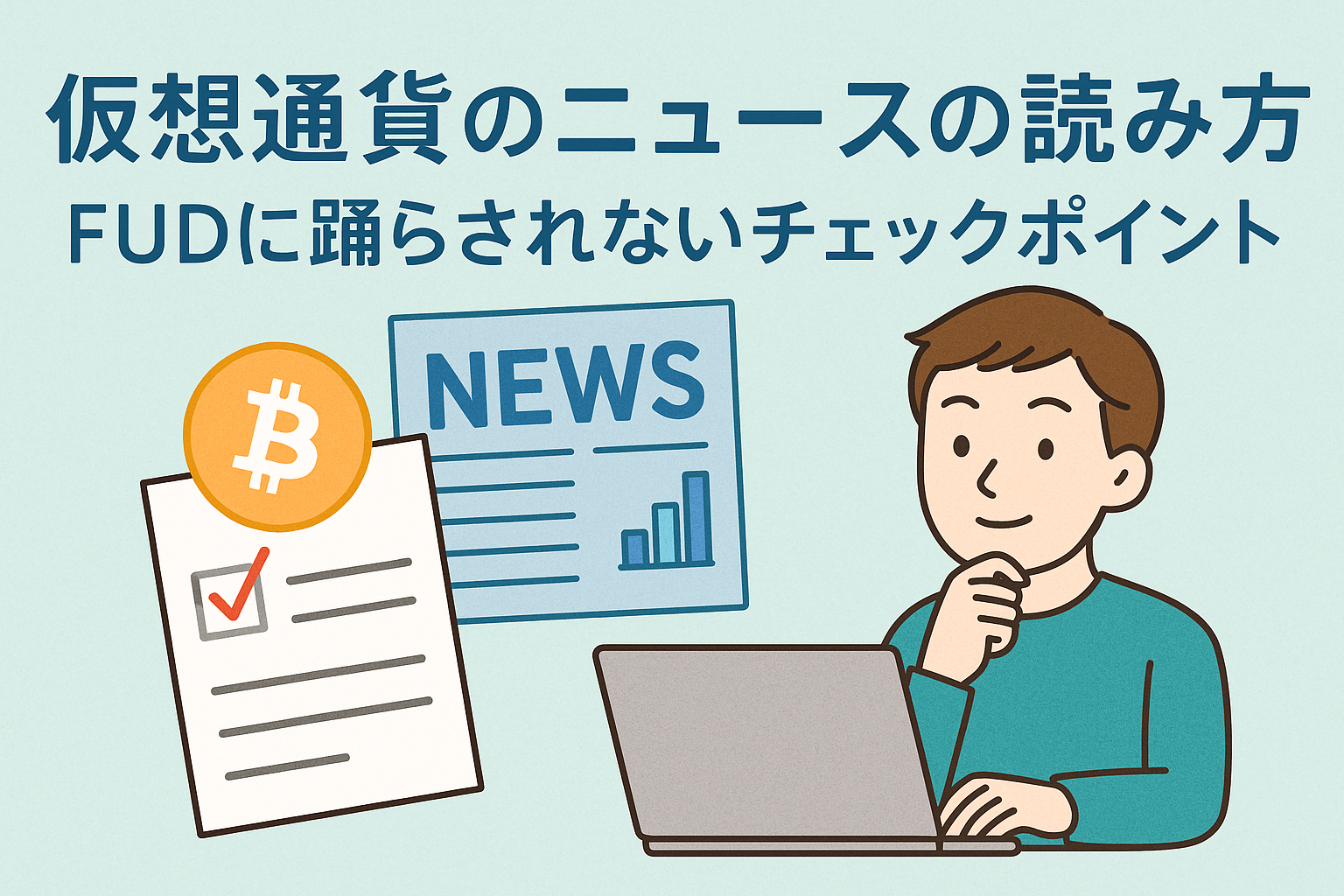 仮想通貨ニュースの正しい読み方を解説するイラスト。FUDに惑わされないためのチェックリストとビットコインのシンボルを配置。