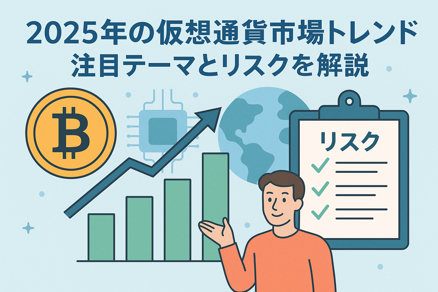 2025年の仮想通貨市場トレンドを象徴するイラスト。ビットコイン、上昇するグラフ、リスクチェックリストを描き、注目テーマとリスクを示す。