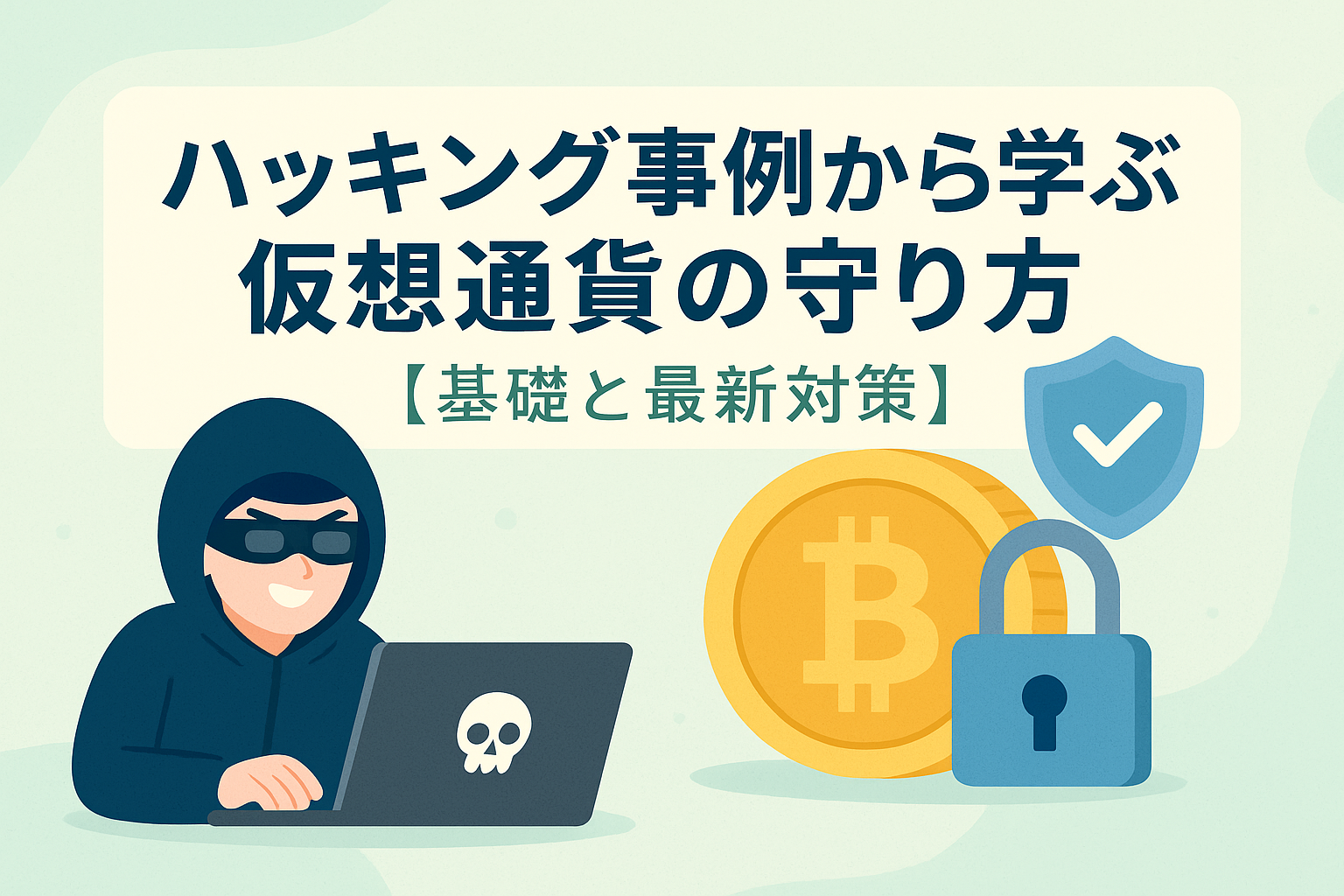 仮想通貨のハッキング事例とセキュリティ対策を表現したイラスト。ハッカー、ビットコイン、鍵やシールドアイコンを配置し、守り方を示す。