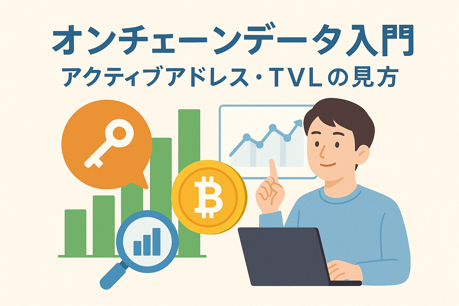 オンチェーンデータ入門をテーマにしたイラスト。ビットコイン、鍵アイコン、棒グラフやチャート、パソコンを操作する人物を描き、アクティブアドレスやTVLの分析を表現。