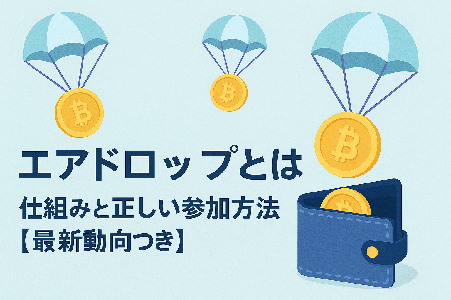 エアドロップをテーマにしたイラスト。パラシュート付きの仮想通貨コインがデジタルウォレットに降り注ぎ、日本語の見出しで仕組みと正しい参加方法を解説している。