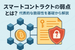 スマートコントラクトの弱点をテーマにしたイラスト。ブロックチェーン、鍵付き書類、壊れた南京錠のシールド、ビットコインアイコンを配置し、脆弱性を表現。