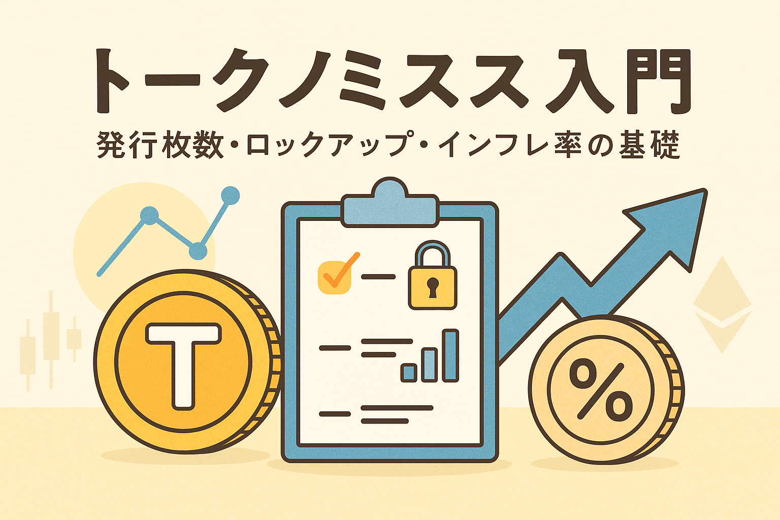 トークノミクスの基礎を解説するアイキャッチ画像。コイン、ロックアップを示す南京錠、インフレ率を示す矢印やグラフを配置。
