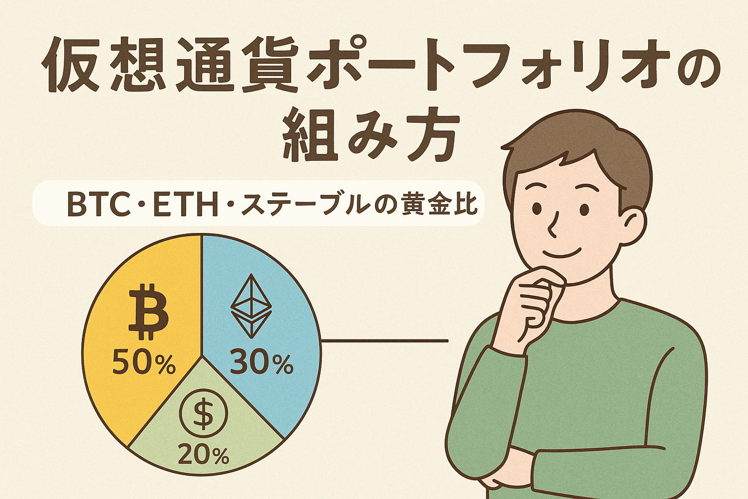 仮想通貨ポートフォリオの組み方を解説するアイキャッチ画像。BTC50％・ETH30％・ステーブル20％の配分を示す円グラフ付き。