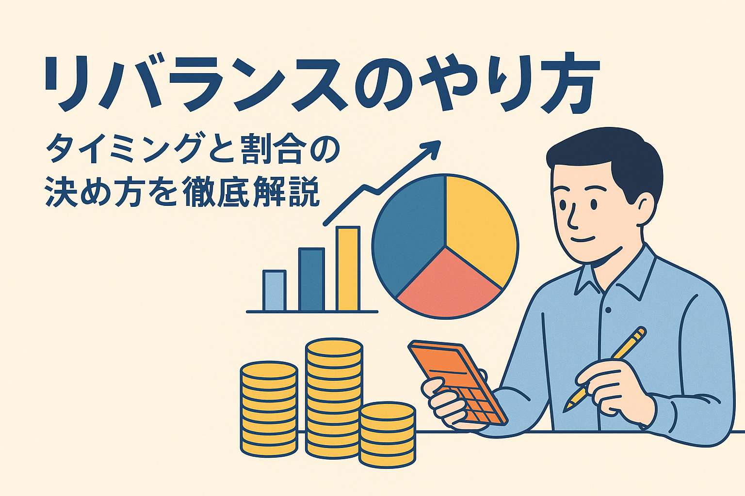 「リバランスのやり方を解説するイラスト。投資家がグラフとポートフォリオを確認している様子」