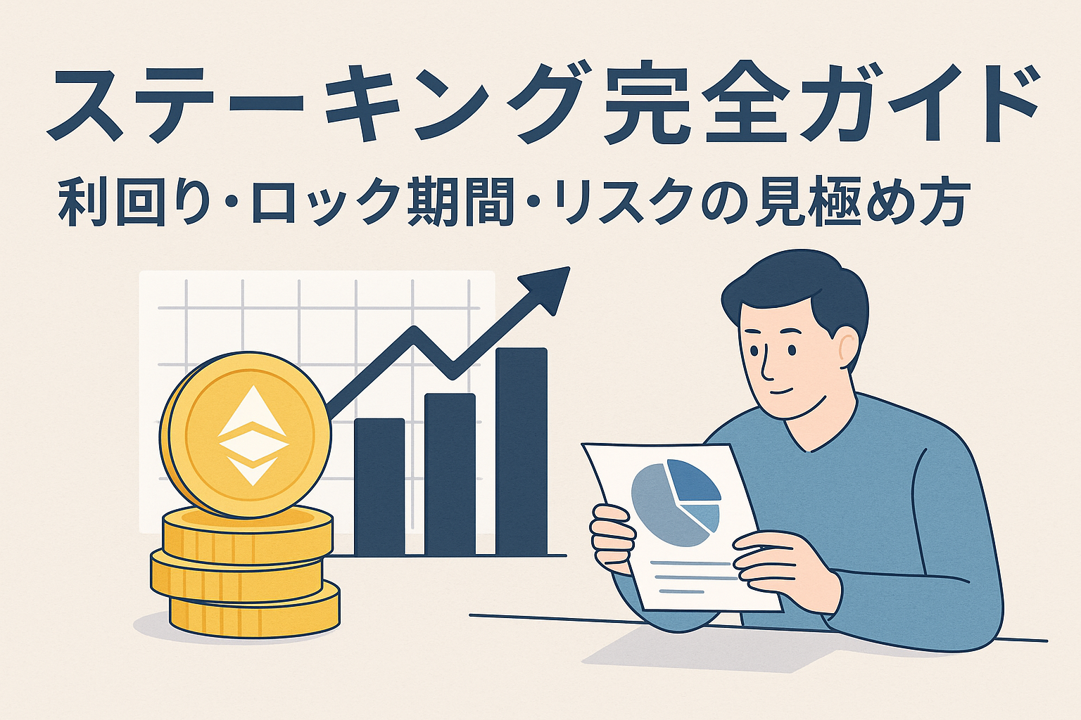 ステーキング完全ガイドのアイキャッチ画像。男性が利回りやロック期間を示すグラフや資料を確認している様子