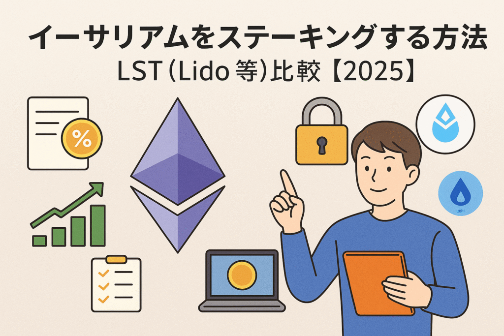 イーサリアムのステーキング方法とLST（Lido等）の比較をテーマにしたアイキャッチ画像。Ethereumロゴとグラフ、ロック、人物イラストが描かれている