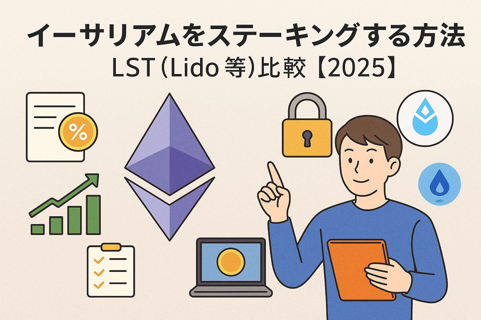 イーサリアムのステーキング方法とLST（Lido等）の比較をテーマにしたアイキャッチ画像。Ethereumロゴとグラフ、ロック、人物イラストが描かれている