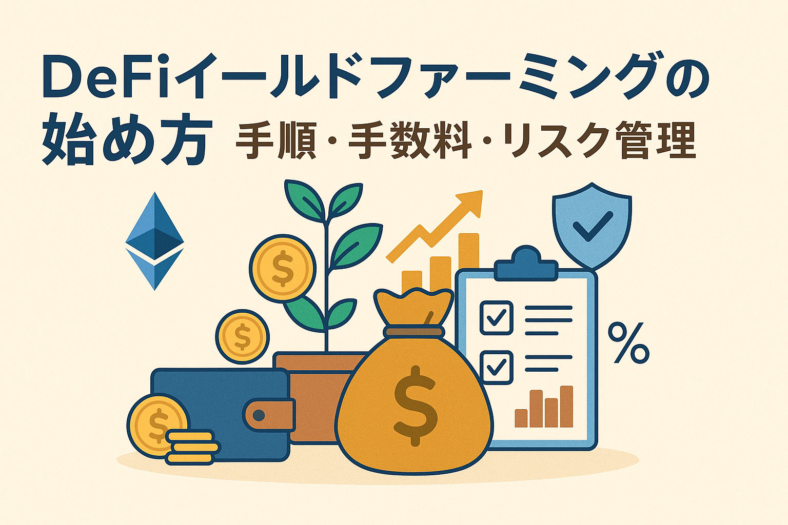 DeFiイールドファーミングの始め方を解説するアイキャッチ画像。ウォレット、コイン、植物、成長グラフ、チェックリストが描かれている