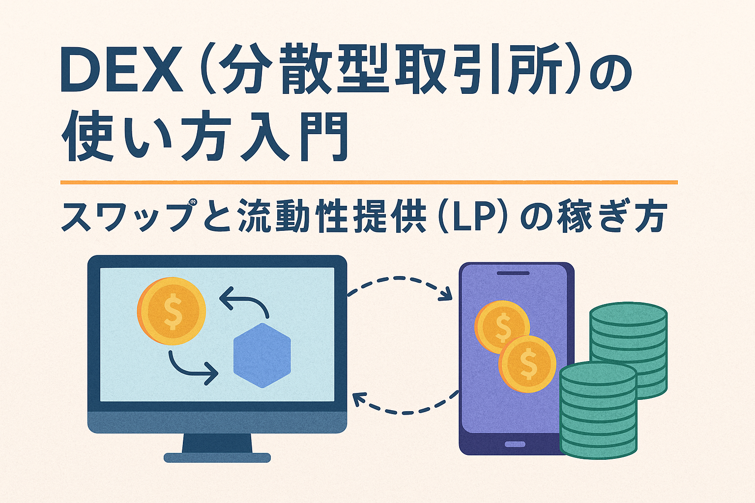 DEX（分散型取引所）の使い方を解説するアイキャッチ画像。スワップと流動性提供を象徴するモニターとスマートフォン、コインのイラストが描かれている