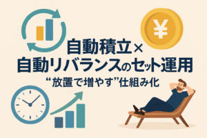 自動積立と自動リバランスのセット運用をテーマにしたアイキャッチ画像。グラフや時計、円マークのコインとリラックスした男性が描かれている