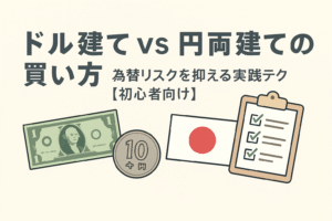 ドル建てと円建ての買い方を比較する初心者向けアイキャッチ画像。ドル紙幣、円硬貨、日本国旗、チェックリストが描かれたイラスト