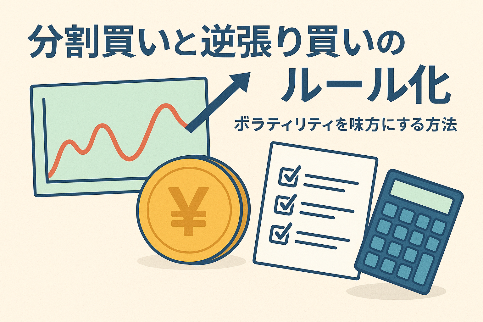 分割買いと逆張り買いのルール化をテーマにしたアイキャッチ画像。グラフ、円マークのコイン、チェックリスト、電卓が描かれ、投資戦略をわかりやすく表現している