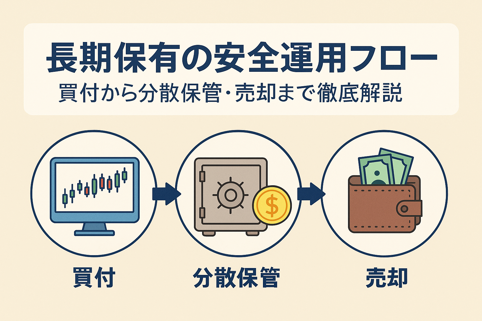 長期保有の安全運用フローを解説するアイキャッチ画像。買付、分散保管、売却の流れを図解し、日本語の見出し入りで表現