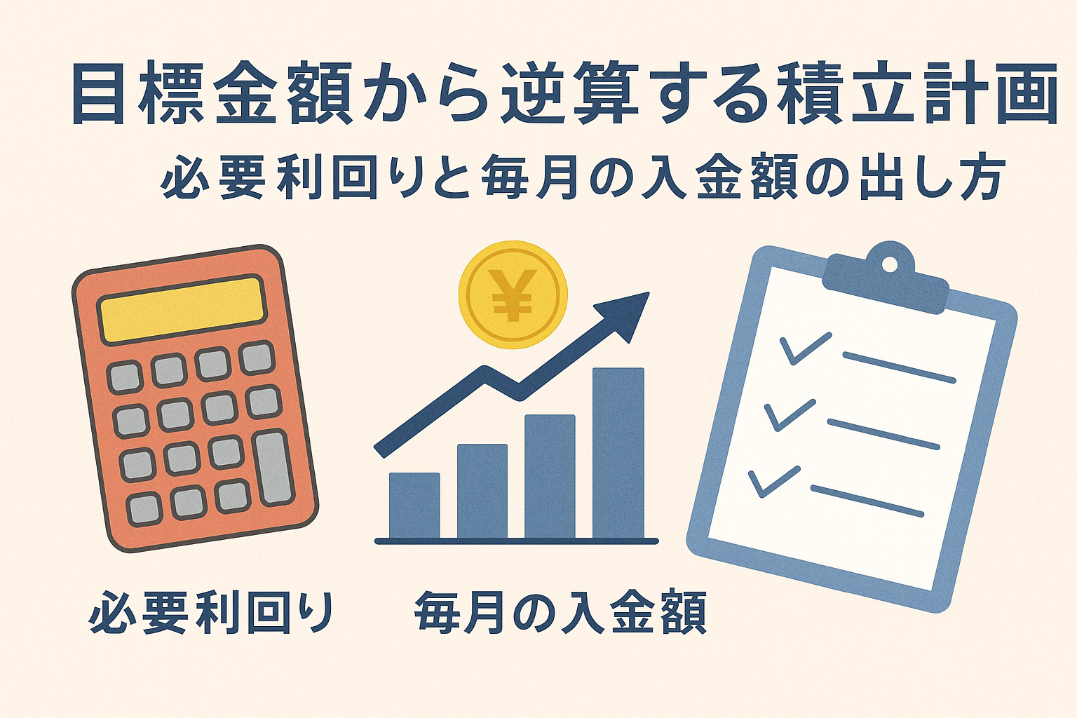 目標金額から逆算する積立計画を解説するアイキャッチ画像。必要利回りと毎月の入金額を表すグラフ、電卓、チェックリストのイラスト