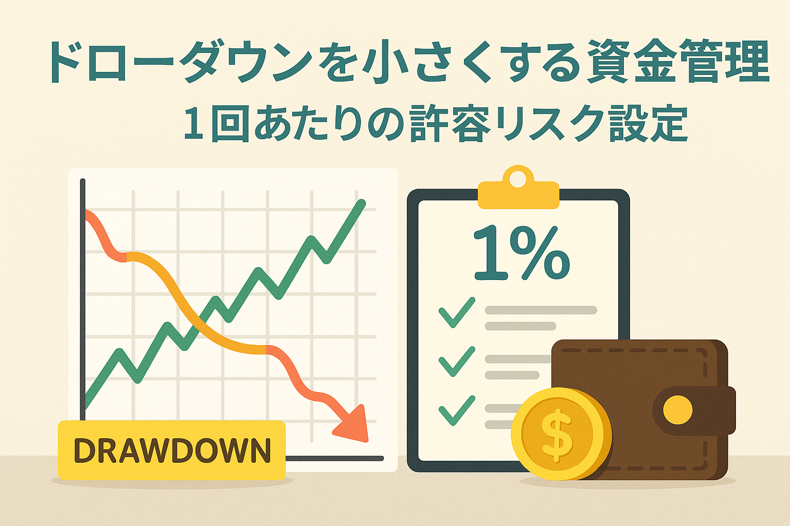 ドローダウンを小さくする資金管理法を解説するアイキャッチ画像。1回あたりの許容リスク設定をグラフとチェックリストで表現