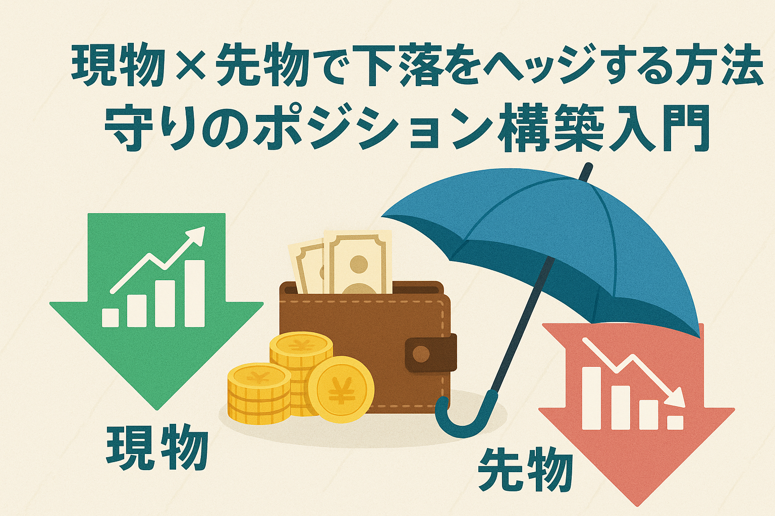 現物と先物を組み合わせて下落リスクをヘッジする方法を示すイラスト。グラフ、傘、財布とコインが描かれ、守りの投資をイメージした構図。