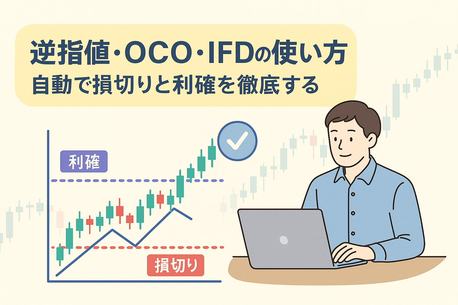 逆指値・OCO・IFDの使い方を説明する日本語のアイキャッチ画像。損切りと利確のラインを示すチャートと、パソコンで自動注文を設定する男性のイラスト。