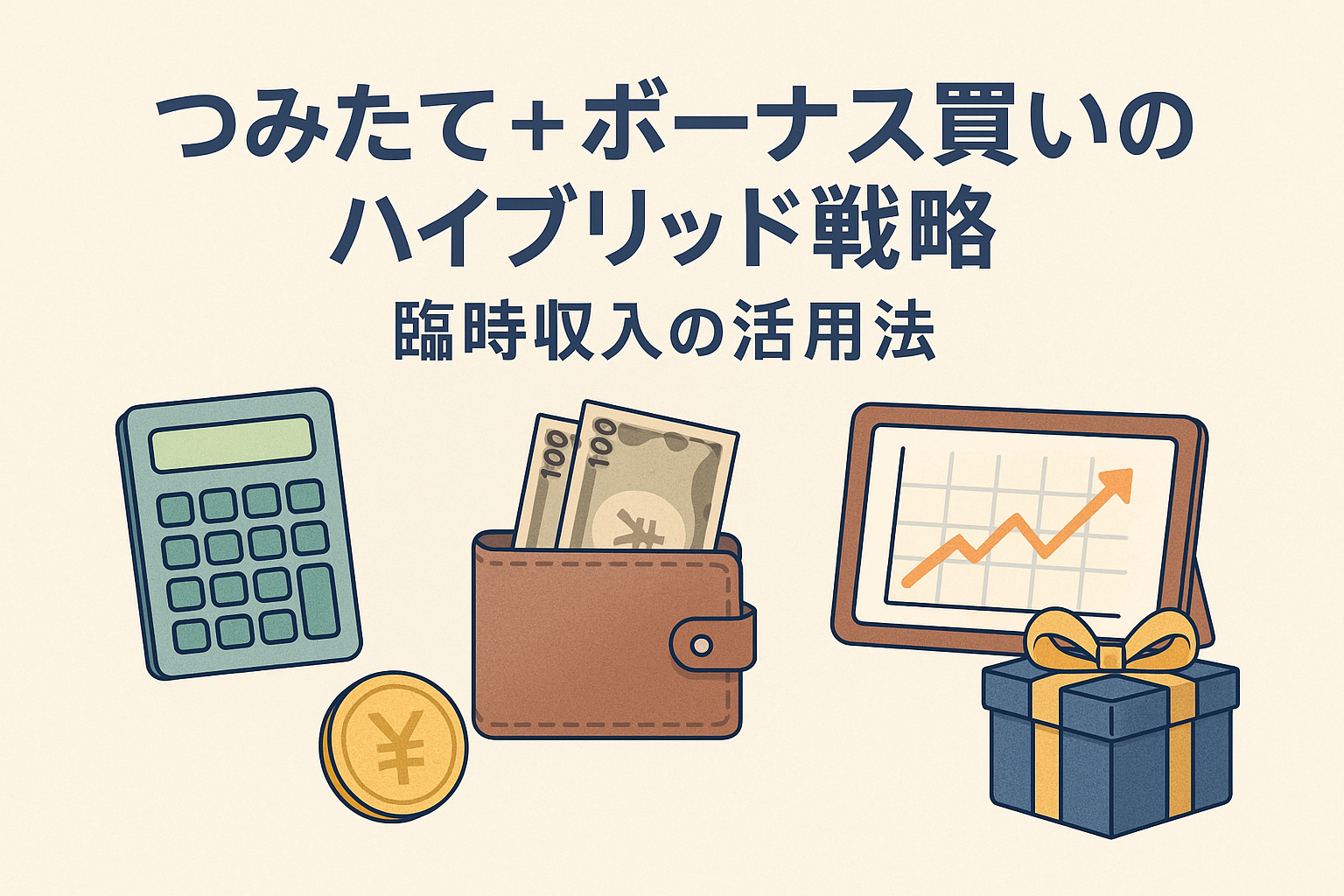 つみたて投資とボーナス買いを組み合わせたハイブリッド戦略をイメージした日本語アイキャッチ画像。電卓、財布、上昇グラフ、ギフトボックスなどが描かれ、臨時収入を活用した投資を表現。