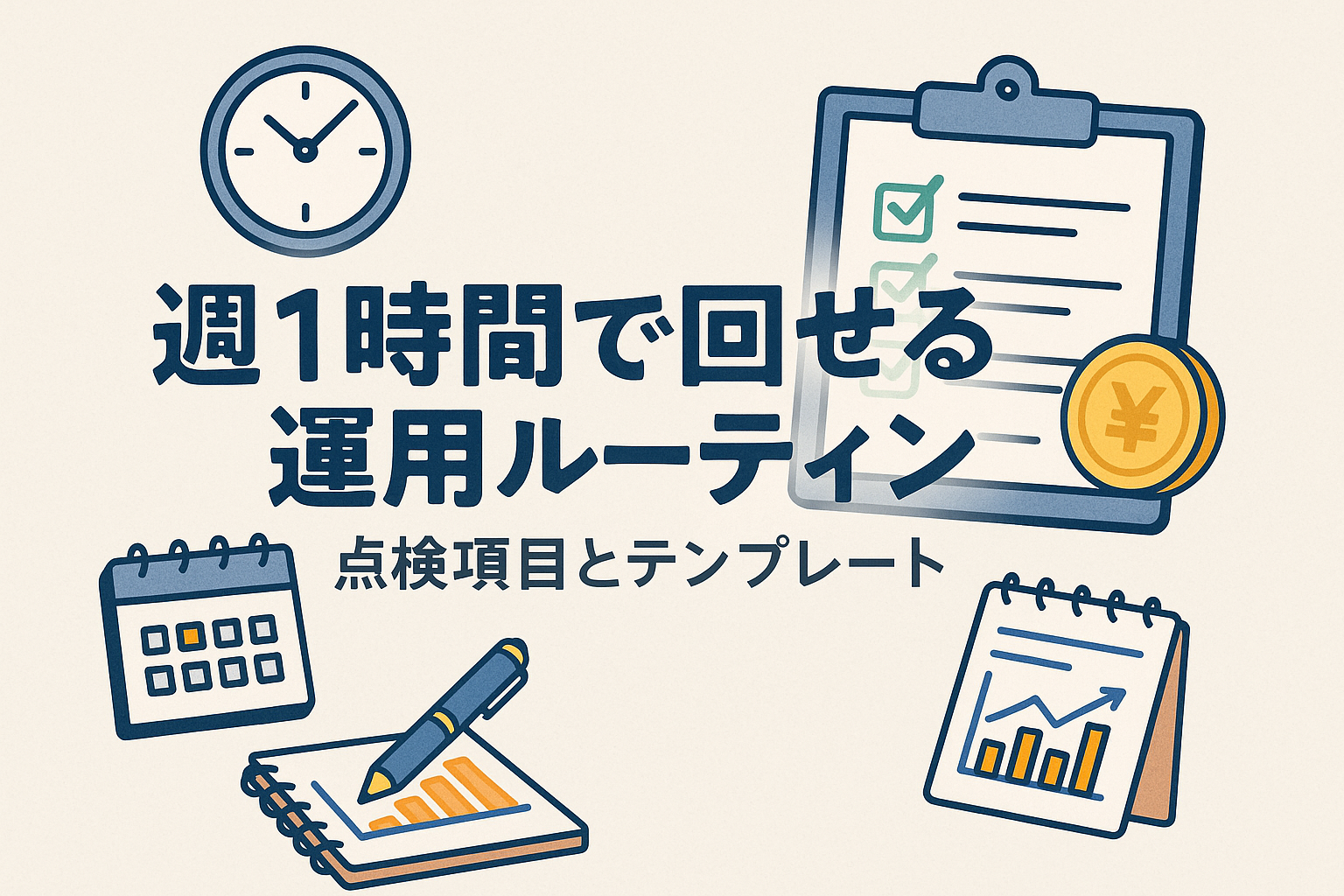 週1時間で運用を点検するルーティンをテーマにした日本語アイキャッチ画像。チェックリスト、カレンダー、グラフ、時計などが描かれ、投資管理の習慣化をイメージした親しみやすいデザイン。