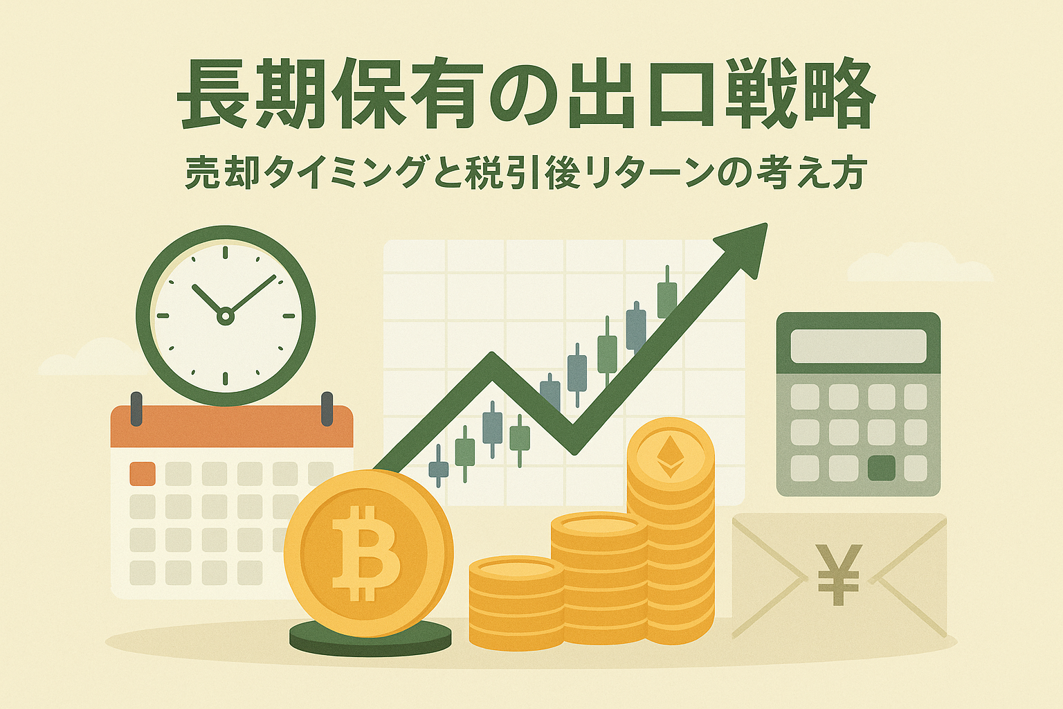 仮想通貨の長期保有と出口戦略をテーマにしたアイキャッチ画像。ビットコイン・イーサリアムのコイン、上昇チャート、時計、カレンダー、電卓、税金封筒を配置し、売却タイミングと税引後リターンを象徴。