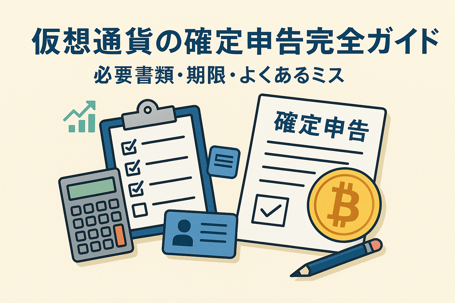 仮想通貨の確定申告をテーマにしたアイキャッチ画像。確定申告書、ビットコイン、電卓、チェックリスト、身分証などが描かれ、薄いベージュとブルー基調で親しみやすい雰囲気。