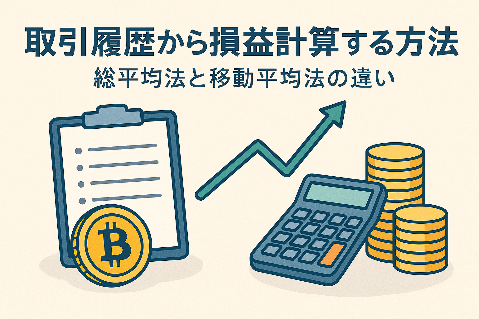 仮想通貨の取引履歴から損益計算する方法をテーマにしたアイキャッチ画像。ビットコイン、電卓、グラフ、書類、コインのイラストを配置し、総平均法と移動平均法の違いをイメージさせるデザイン。