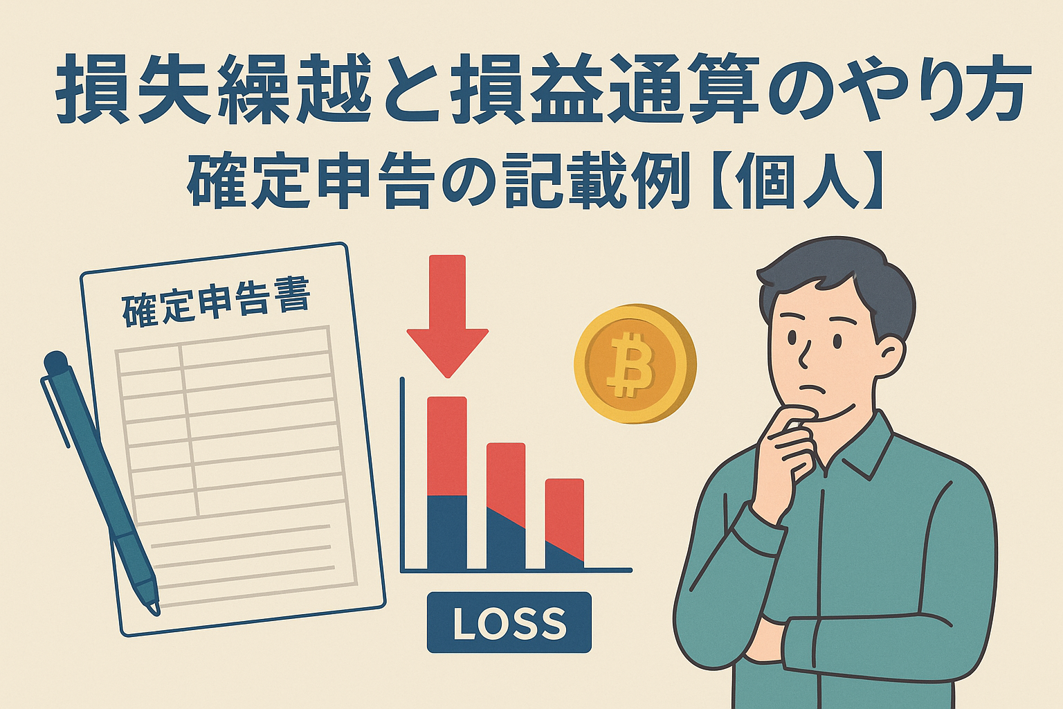 損失繰越と損益通算をテーマにした日本語アイキャッチ画像。確定申告書、損失グラフ、ビットコイン、考える人物を配置し、薄いブルーとベージュ基調で親しみやすく表現。