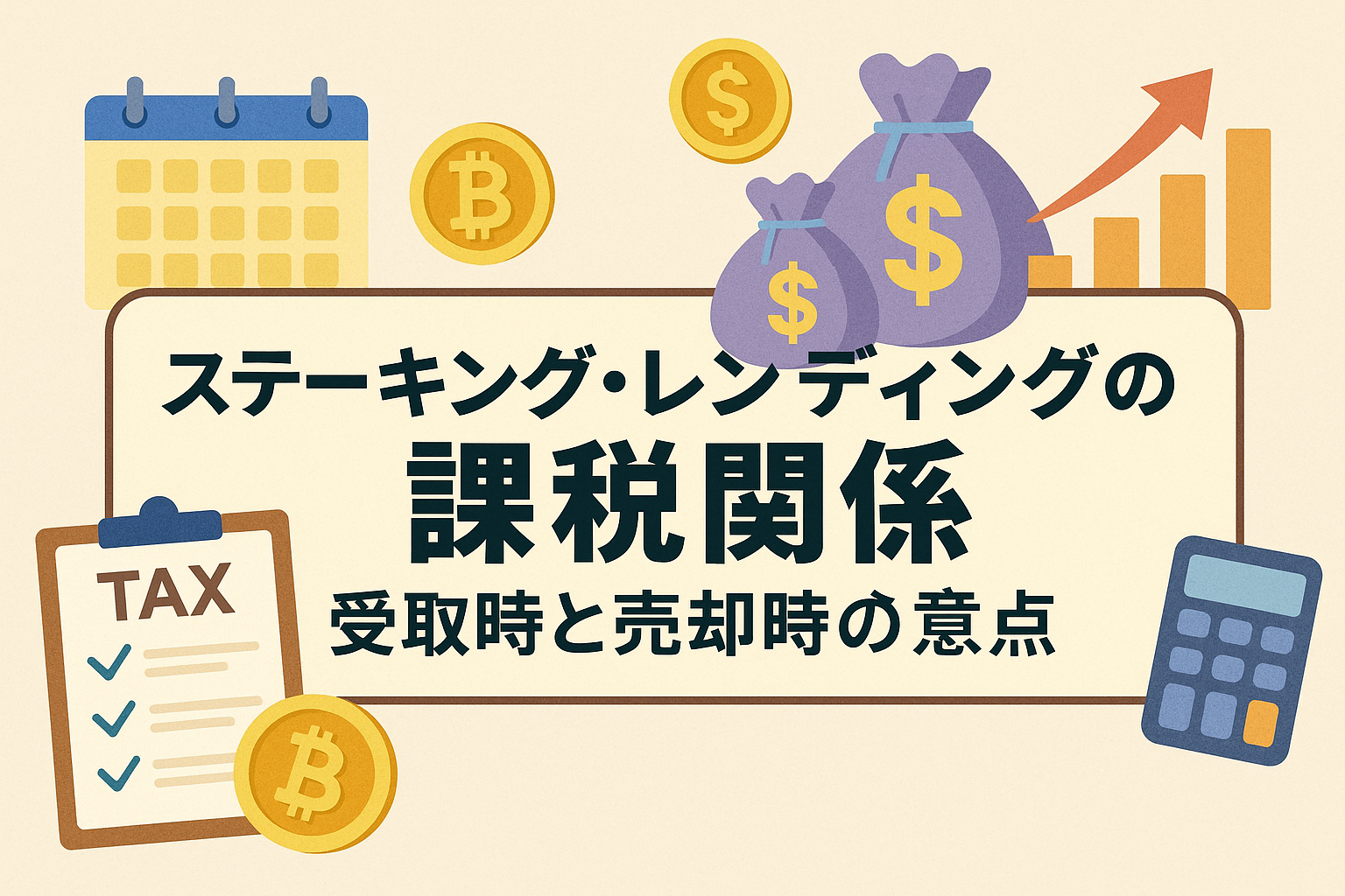 ステーキング・レンディングの課税関係をテーマにした日本語アイキャッチ画像。薄いブルーとベージュ基調で、ビットコインやドル袋、税金チェックリスト、電卓、上昇グラフを配置した親しみやすいデザイン。