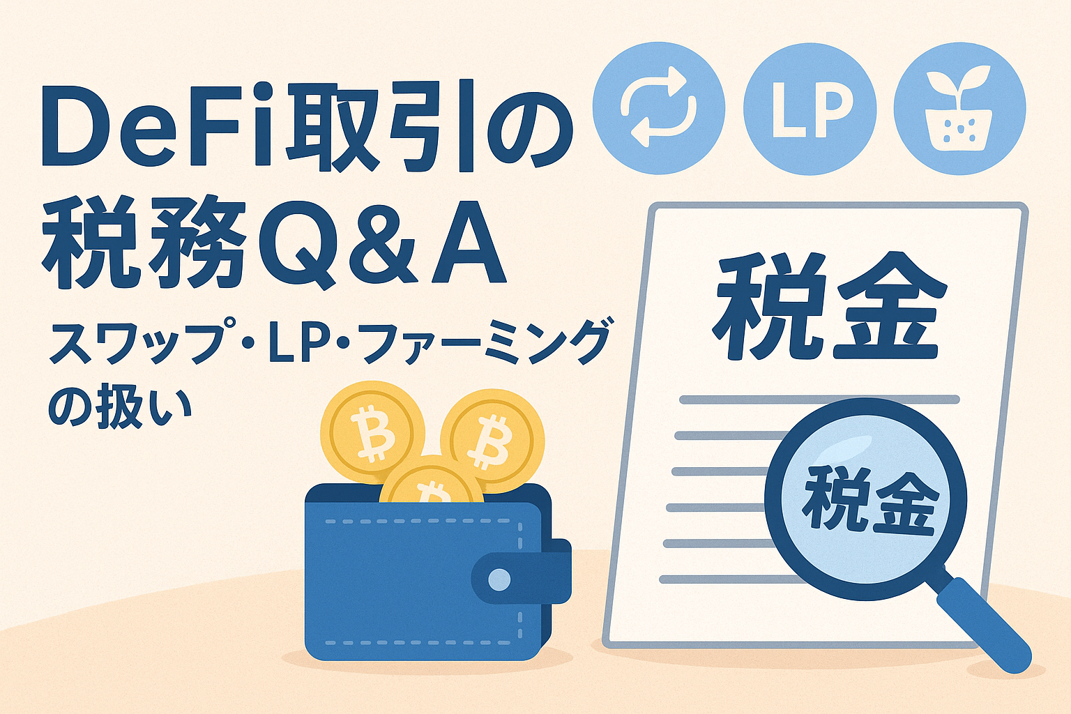 DeFi取引の税務Q&Aをテーマにした日本語アイキャッチ画像。仮想通貨ウォレット、ビットコインコイン、税金書類、ルーペ、LP・スワップ・ファーミングのアイコンを配置した親しみやすいデザイン。