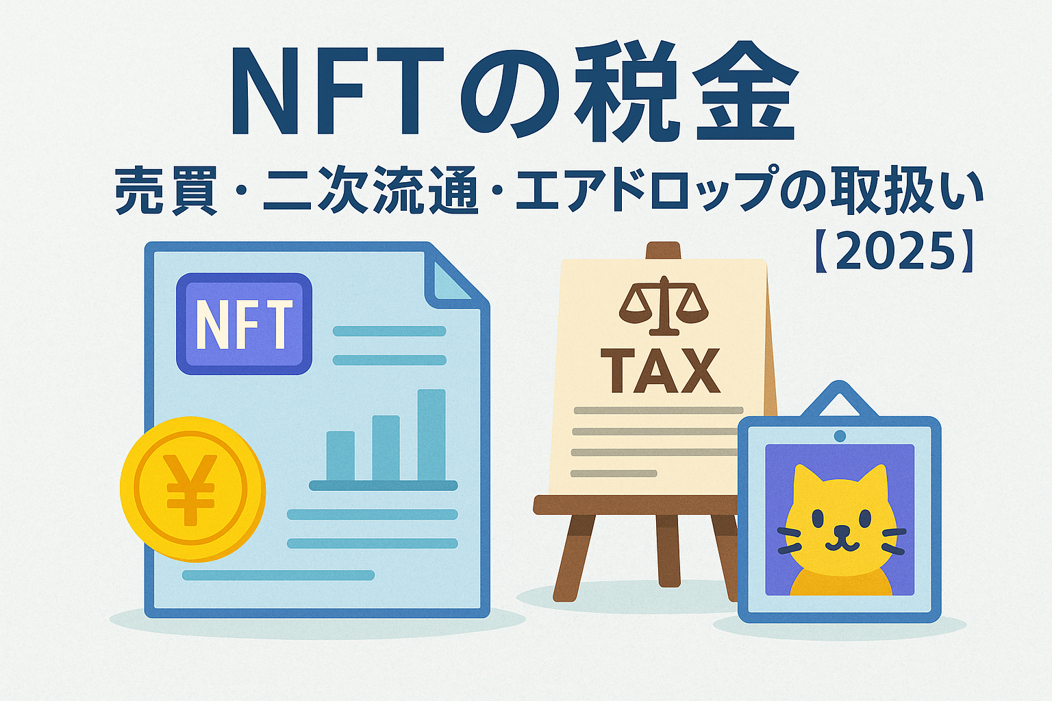 NFTの税金をテーマにした日本語アイキャッチ画像。NFT書類、税金ボード、コイン、猫のNFTアートを描いた柔らかいトーンのイラストで、「NFTの税金｜売買・二次流通・エアドロップの取り扱い【2025】」と書かれている。