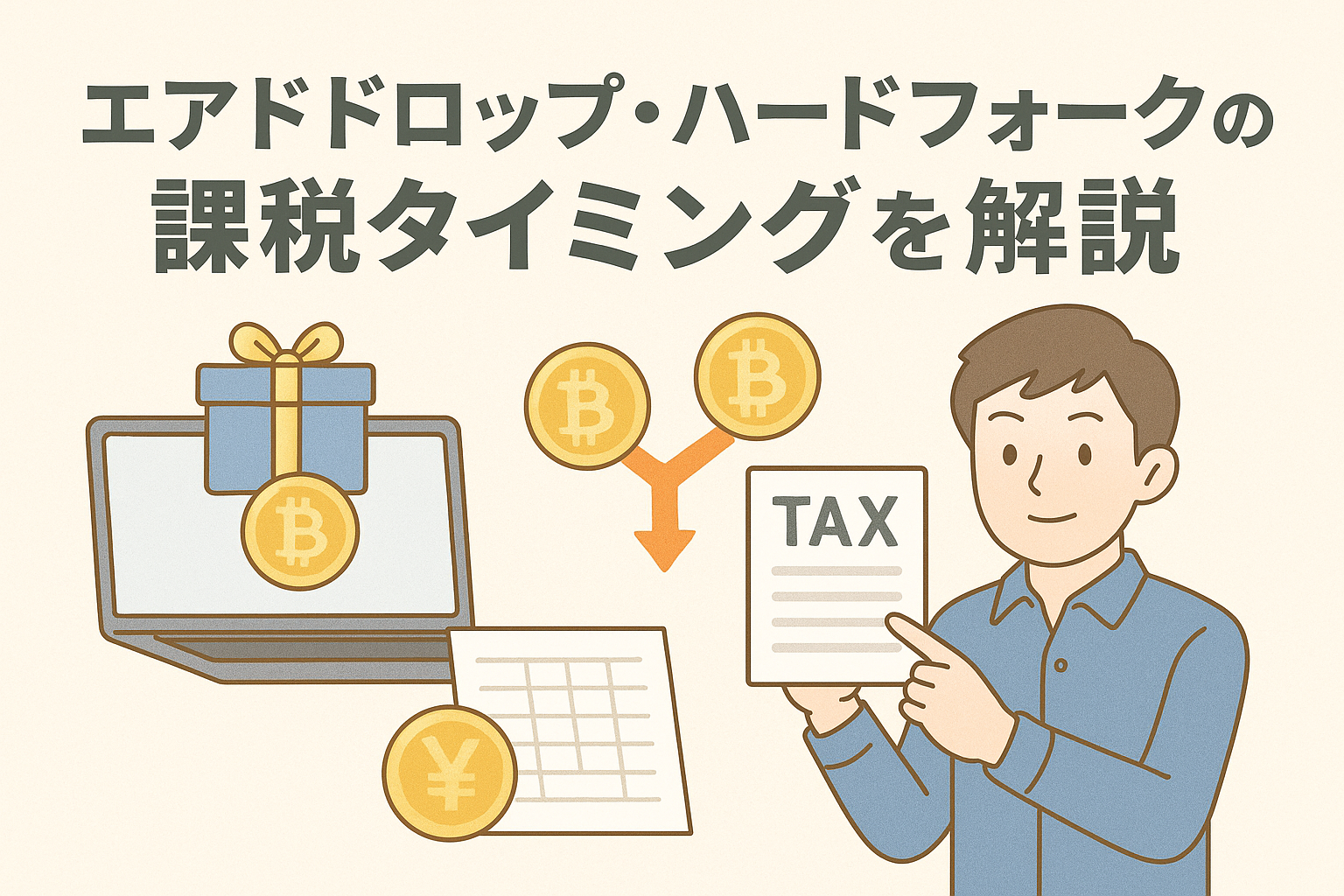 エアドロップ・ハードフォークの課税タイミングをテーマにした日本語アイキャッチ画像。ビットコインコイン、TAX書類、分岐矢印、ノートパソコンなどを配置し、税金の仕組みをやさしく表現。