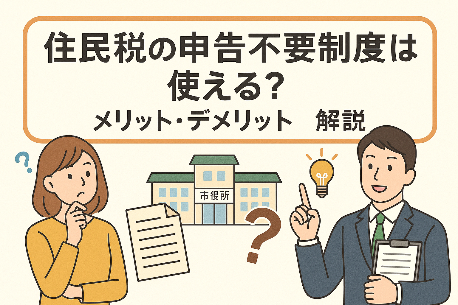 住民税の申告不要制度をテーマにした解説用イラスト。市役所や書類を背景に、男女が税金について話し合う様子を描いた親しみやすいデザイン。