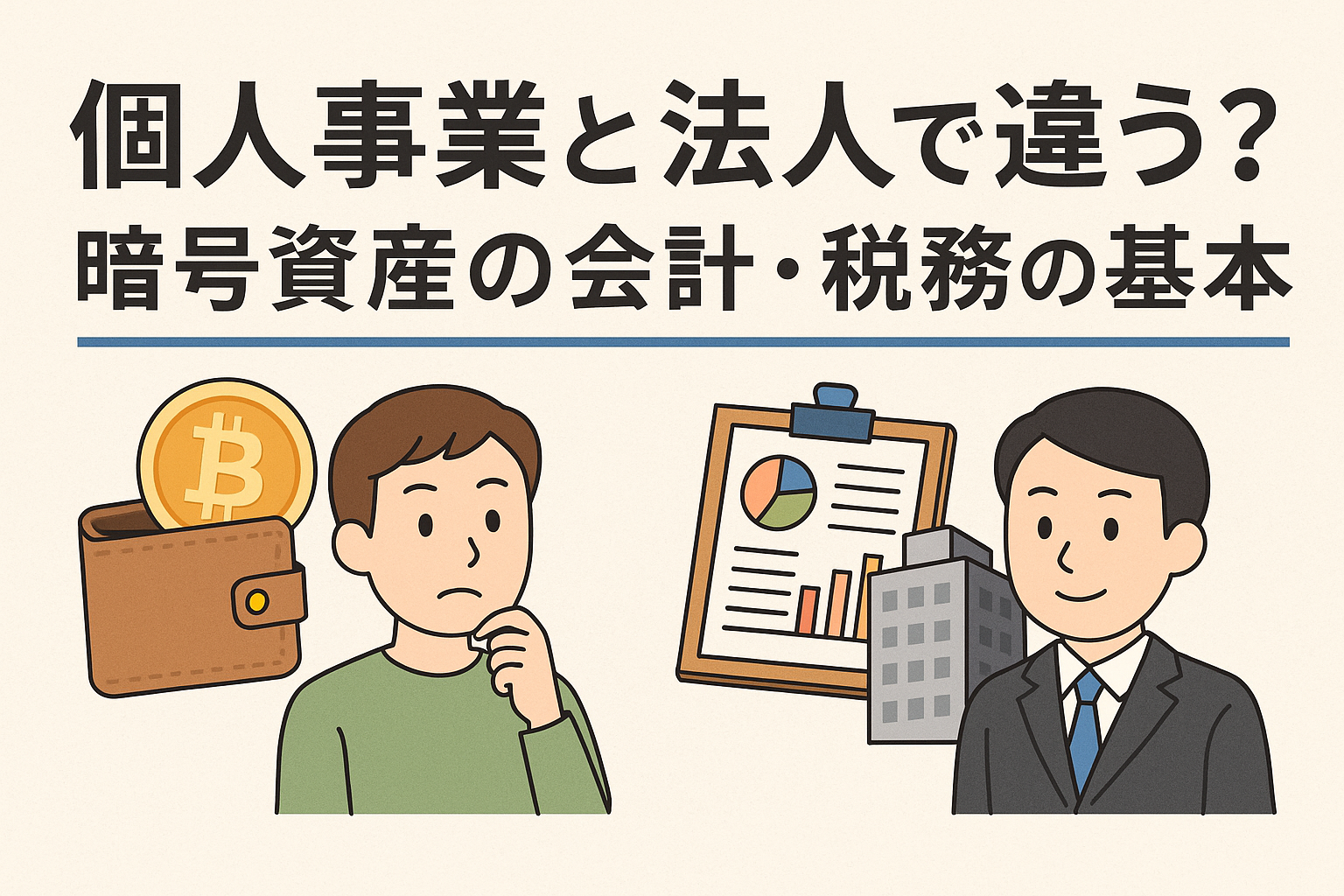 個人事業主と法人の暗号資産の会計・税務の違いをイメージしたイラスト。人物、ビットコイン、帳簿、オフィスビルを背景にした親しみやすいデザイン。