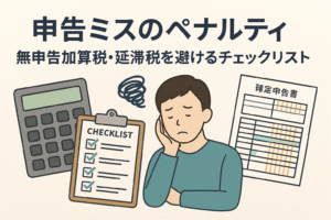 申告ミスのペナルティをテーマにしたイラスト。確定申告書、チェックリスト、電卓を前に悩む人物が描かれ、税務の注意喚起を表現したデザイン。
