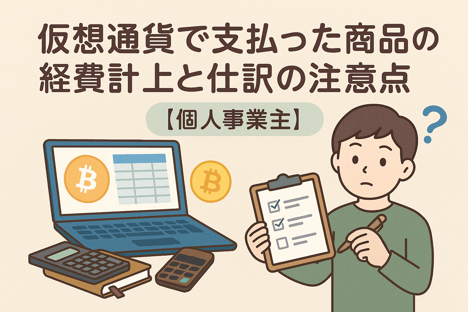 仮想通貨で支払った商品の経費計上と仕訳をテーマにしたイラスト。ノートパソコン、電卓、帳簿、ビットコインのアイコン、チェックリストを持つ人物が描かれている。