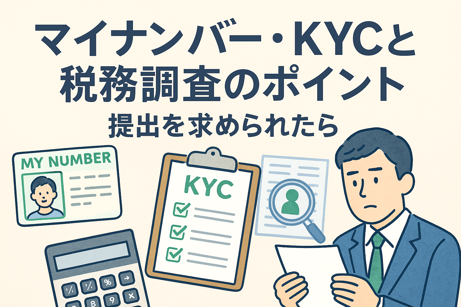 マイナンバー・KYCと税務調査をテーマにしたイラスト。書類やマイナンバーカード、KYCチェックリストを前に考える人物が描かれた親しみやすいデザイン。