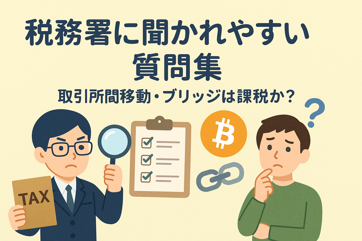 税務署の職員が書類を確認しながら、仮想通貨取引の課税を調べる様子を描いたイラスト。横にビットコインやチェーンアイコンを配置し、課税判断をイメージ。