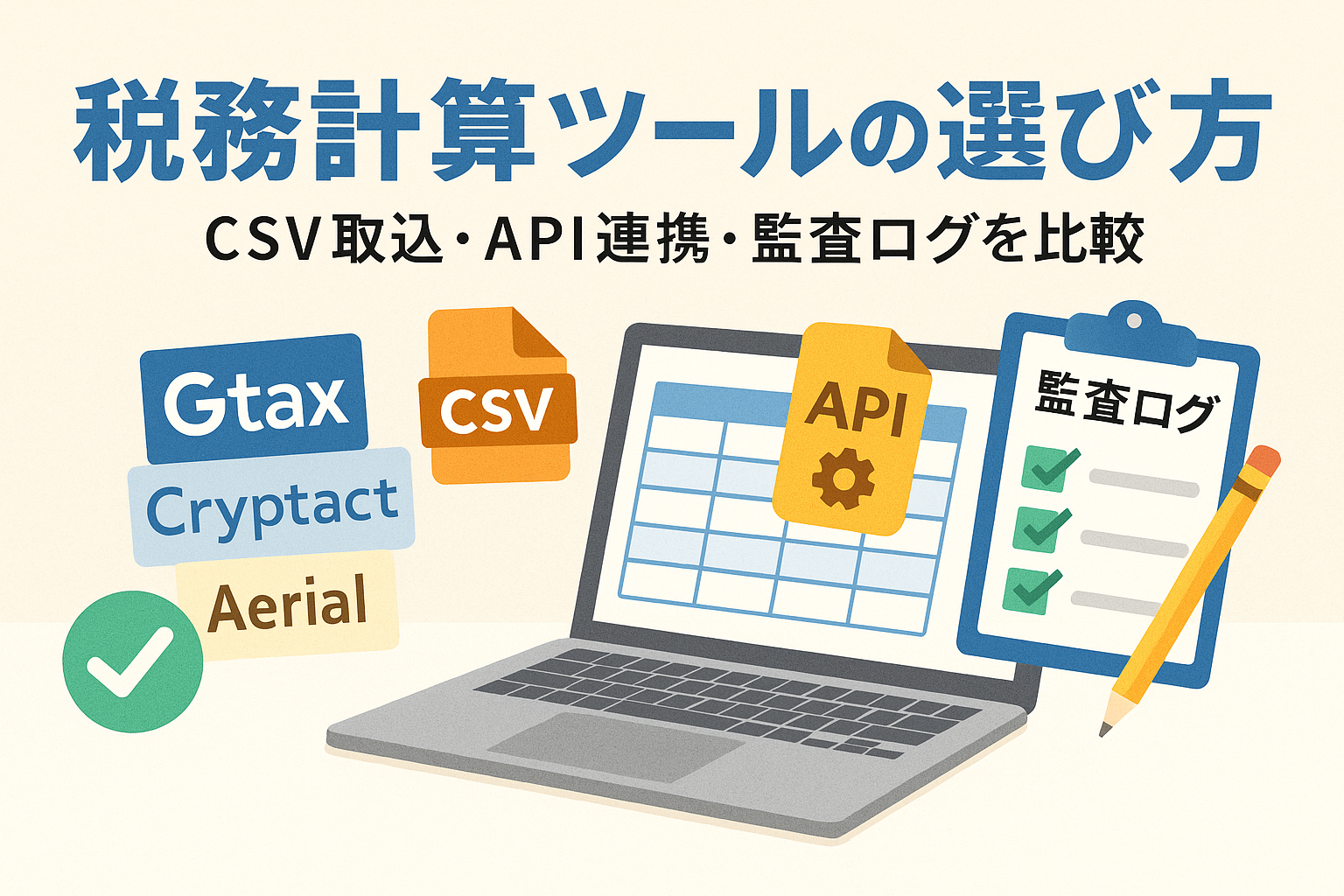 税務計算ツールの選び方をテーマにしたイラスト。CSV・API・監査ログを表すアイコンとノートパソコンが描かれ、Gtax・Cryptact・Aerialのロゴが並ぶ構成。